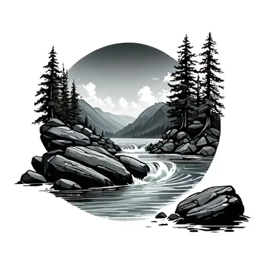 Stones Waves Cliffs Trees Valley River