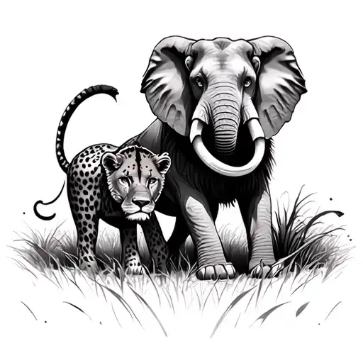 Guepard With Lion Cup Lion Elephant In The African Savannah