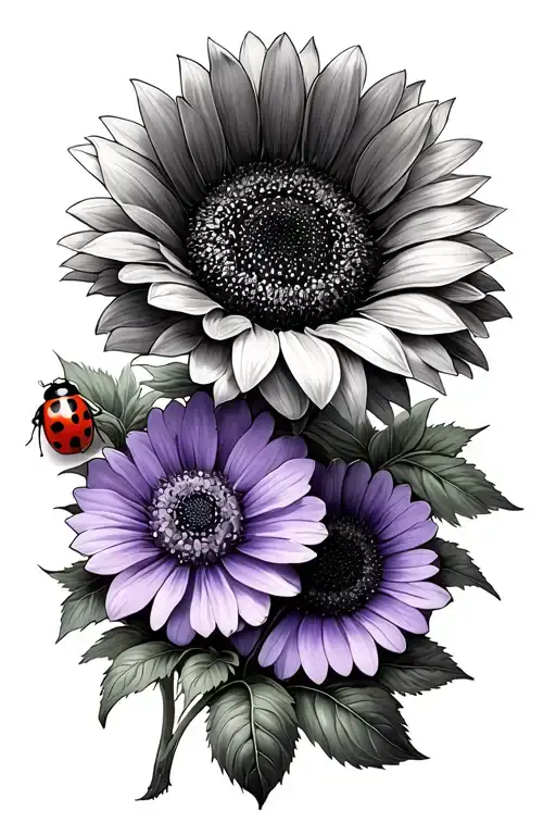 Ladybug And Violet Flower And Sunflower Blooming