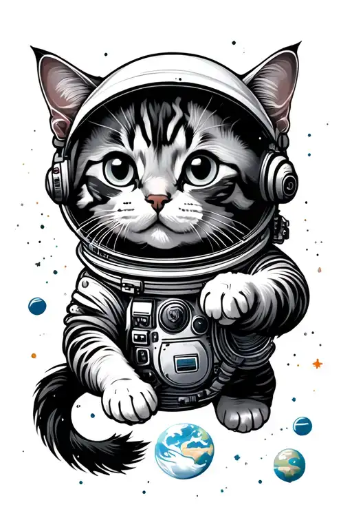 The Cat Astronaut In Space Against The Backdrop Of The Earth Reaches For Her Paw