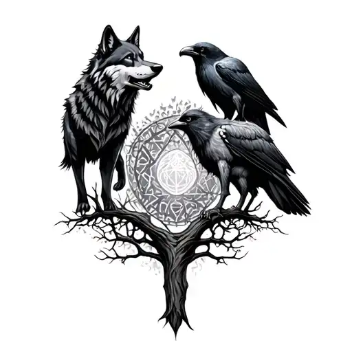 Wolf And Raven With Yggdrasil Tree