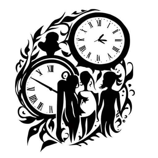 Tribal With Clocks And Silhouette Of A Dad And 2 Daughters