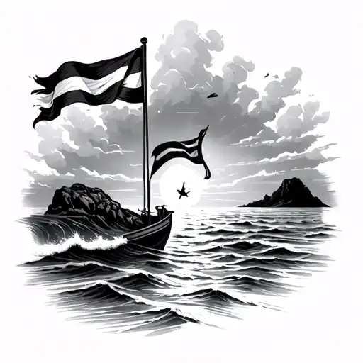 A Sea With Some Land And A Flag In The Sand