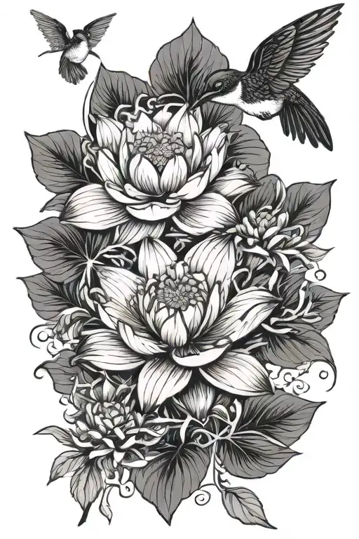 Humming Bird Flowers Japan Style Illustration Lotus Lush God Praise