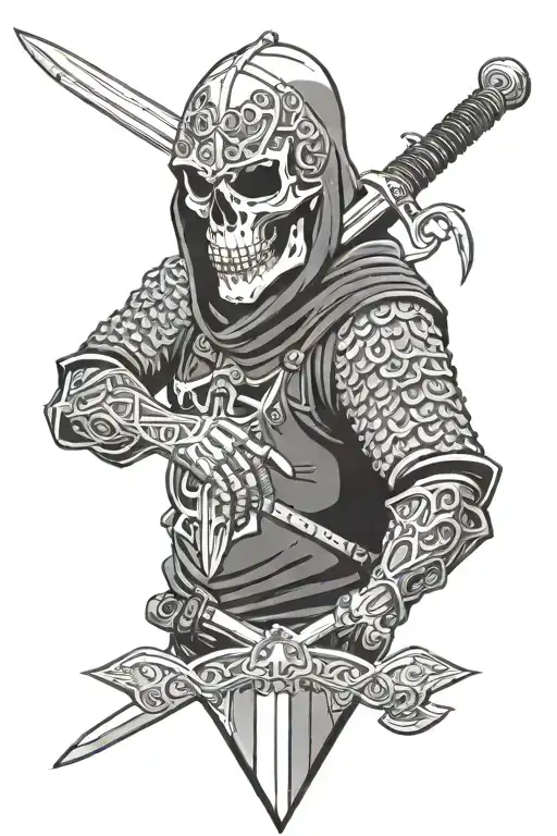 Skull Wearing Chainmail Hood Holding Sword