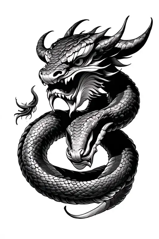 Japanese Style Oni Mask Snake Coiled Around It
