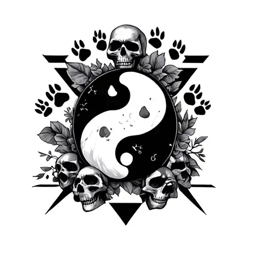 Ying And Yang With Dog Paw Prints And Skulls With Triangle