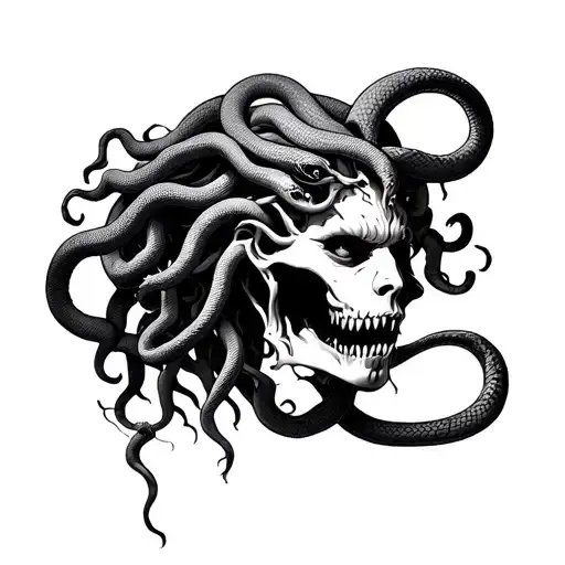 Medusa Head With Aggressive And Dark Scar And Snake