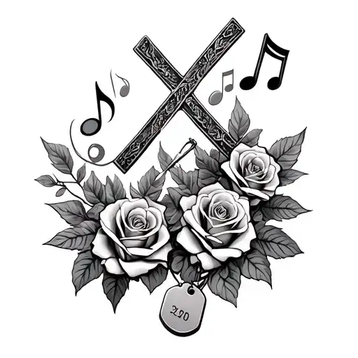 Cross And Roses And Music Notes And Dog Tags