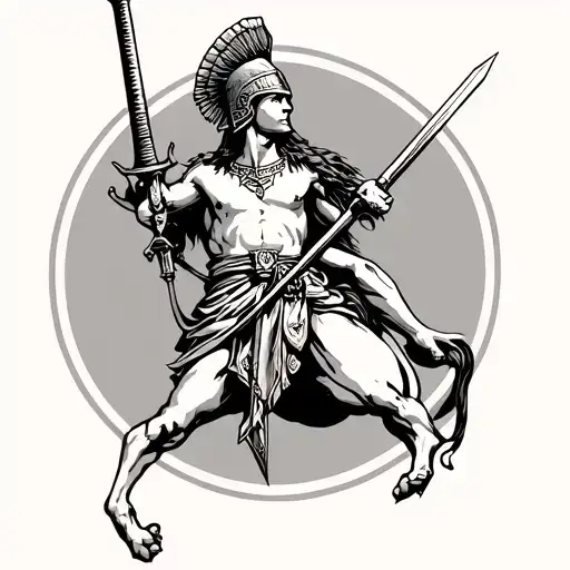 Sagittarius Zodiac Sign Standing On The Rear Legs Carrying A Roman Helmet With A Sword In Hand
