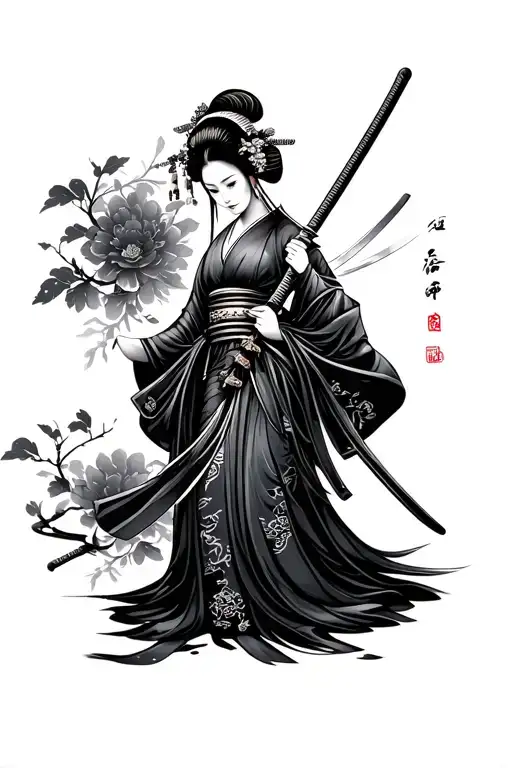 Geisha Holding A Katana Stabbed