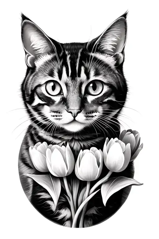 Tabby Cat With Tulips Black And Grey