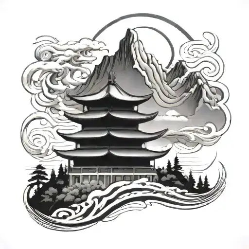 Pagoda With Mountains Rising Phoenix