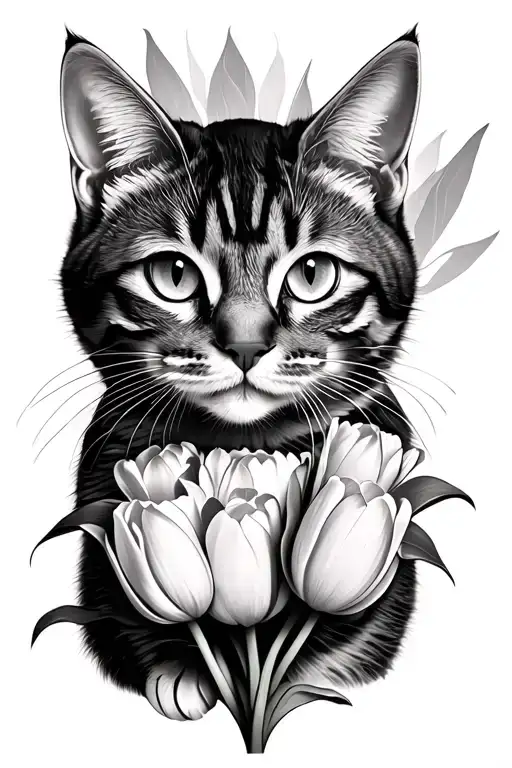 Tabby Cat Outline With Tulips Around His Face Black And Grey