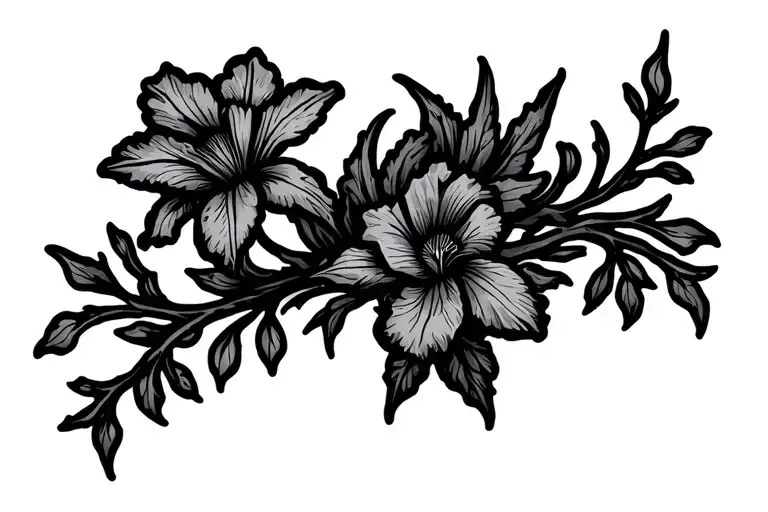 Small Fine Line Tramp Stamp With Branches Vines And Iris Flower