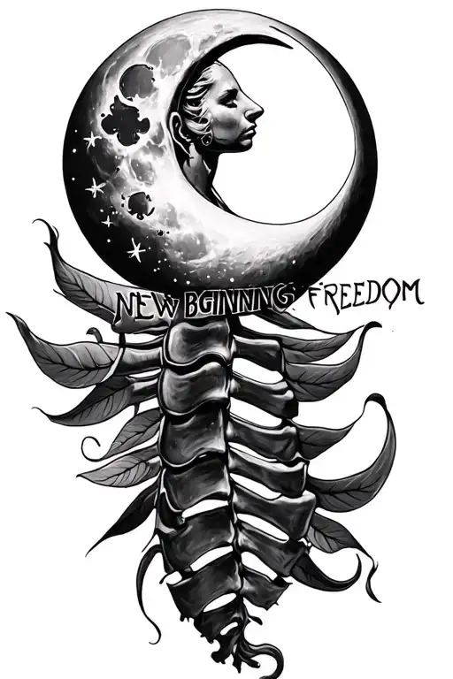 New Beginnings Spine Tattoo Design Combining Son And Moon And Cursive Word Freedom