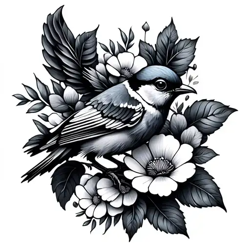 Bird With Flowers And Leaves Around It