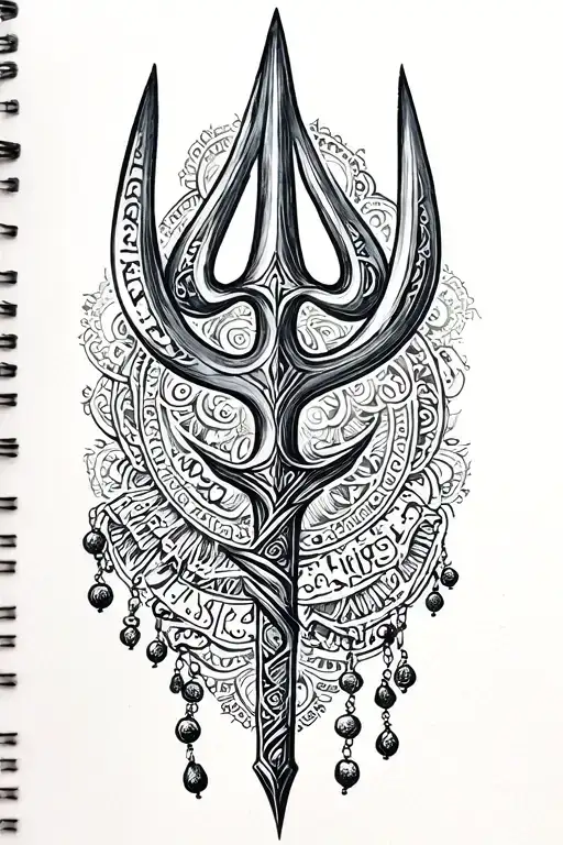 Trishool Trident And Then Text In Hingis With Hanging Rudraksh Beads At The End