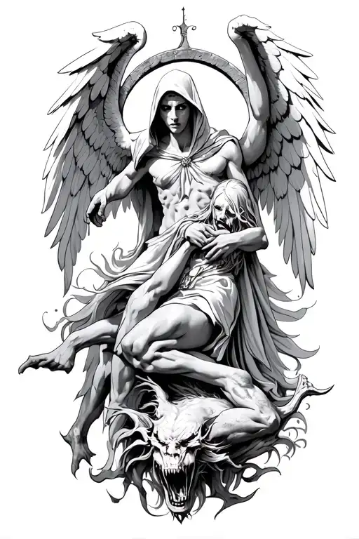 Hooded Arch Angel Defeating A Demon