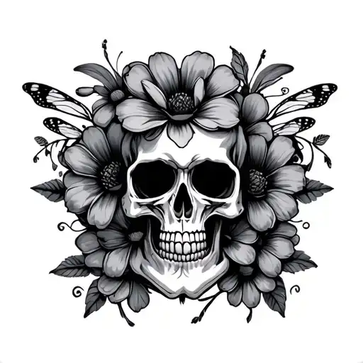 Buterfly Flowers Text Skull