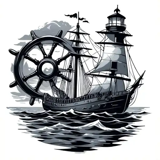 Boat Light House Anchor And Ship Wheel