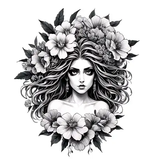 Madusa Tattoo With Flowers Surrounding