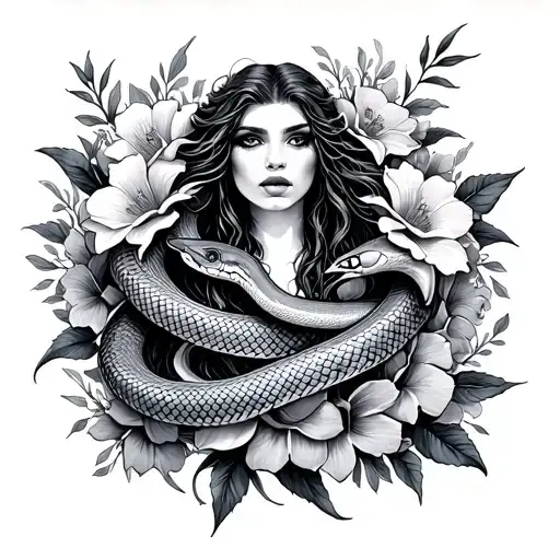 Madusa Snakes Tattoo With Flowers Surrounding