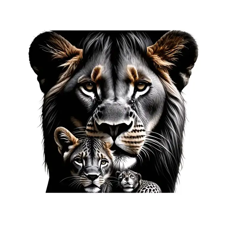 Lioness And Cubs Face Only