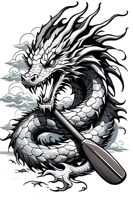 Dragon Wrapped Around A Paddle With Waves And Clouds
