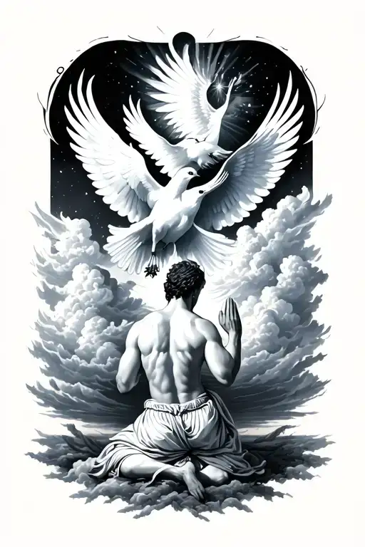 White Dove In The Clouds Below Two Hands Like God And Below A Man With Kneeling Back Praying