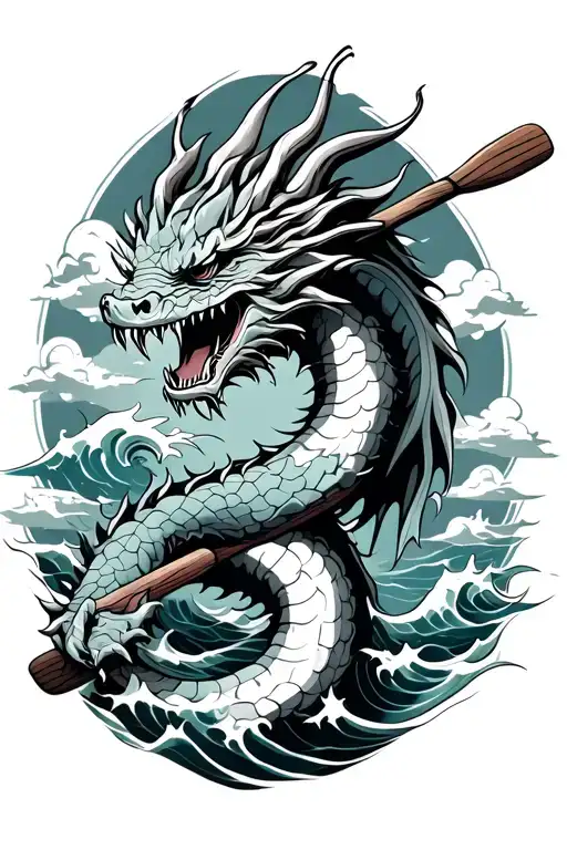 Dragon Wrapped Around A Paddle With Waves And Clouds