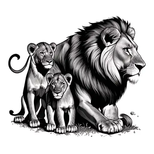 A Lion With Its Two Lion Cubs And Its Lioness