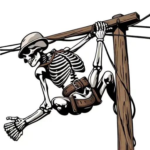Skeleton Lineman Climbing Utility Pole And Belt Wrapped
