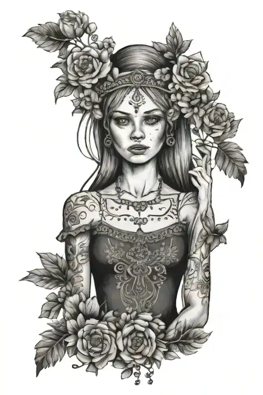 Girl With Baltic Folk Signs Around In Longs Dress And Small Flowers On Head
