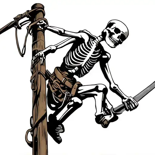 Skeleton Lineman Climbing Utility Pole And Belt Wrapped And Hot Stick