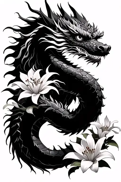 Japanese Dragon With Sakura And Lily
