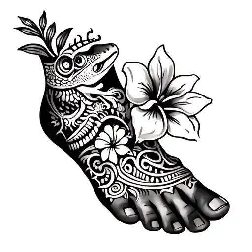 Maori Tatoo Foot With Flower And Gecko