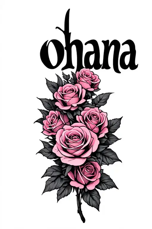 Eternal Pink With The Word Ohana In Vertical And Seven Roses As Rosy That Surrounds The Word