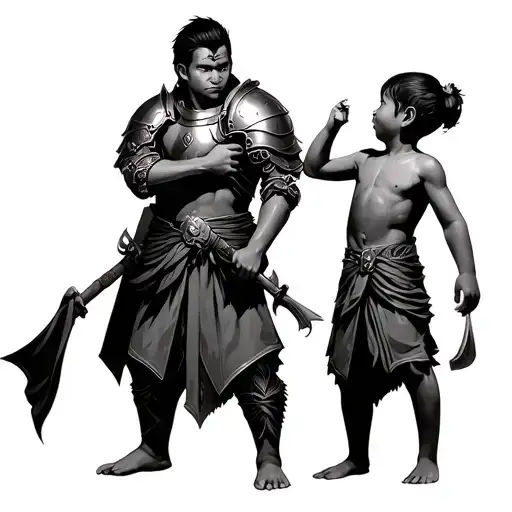 Samui Worrier In Full Armour With Two Children Holding His Clothes