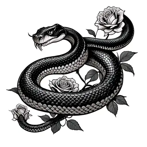 Big Agressive Snake With Roses Surrounding