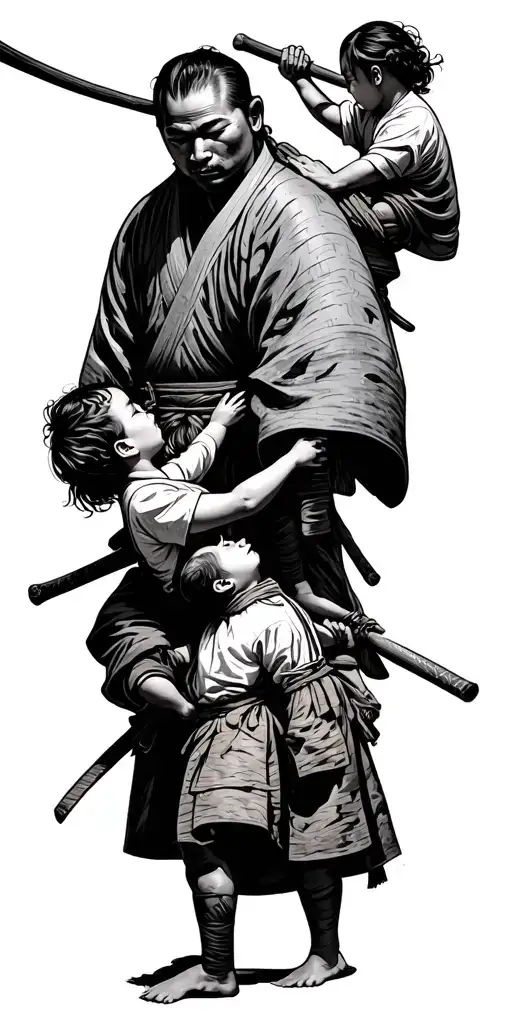 Old Style Samurai With Two Children Pulling His Clothes So As To Hold Him Back