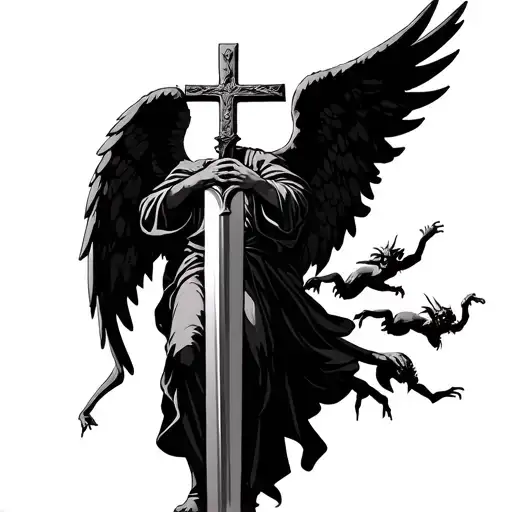 An Angel Standing Guard Near A Cross With Its Sword Drawn With Shadows Of Demons Reaching Upwards