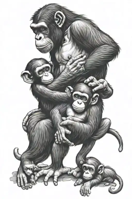 Chimpanzee Holding 4 Baby Chimpanzee Standing