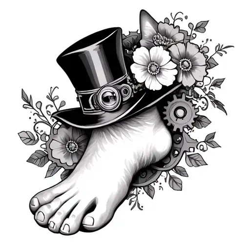 Steampunk Style Foot Tattoo With Delicate Flowers A Cat In A Top Hat And Cogs