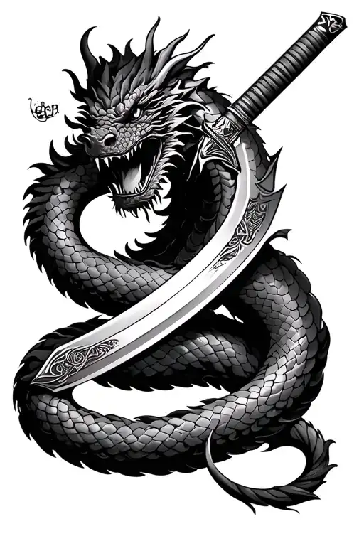 A Dragon Coiling Around A Katana Sword