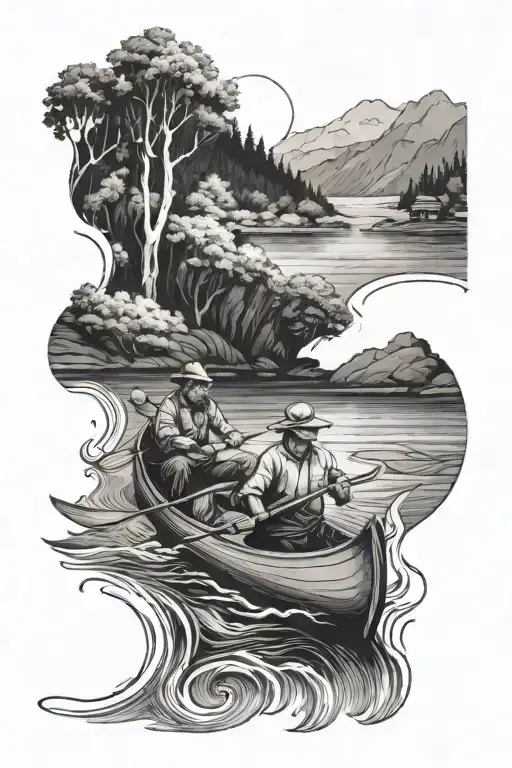 Father And Son In Canoe Floating Down Winding River