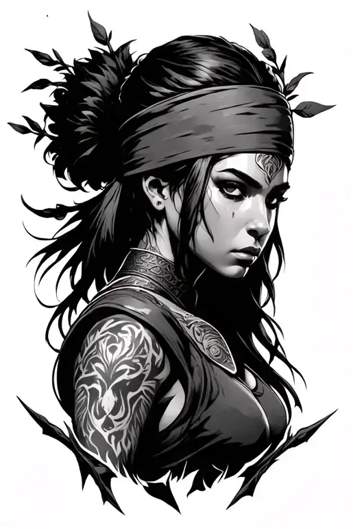 Strong Female Warrior Looking Slightly To The Right Wearing Headband Styled After Branches