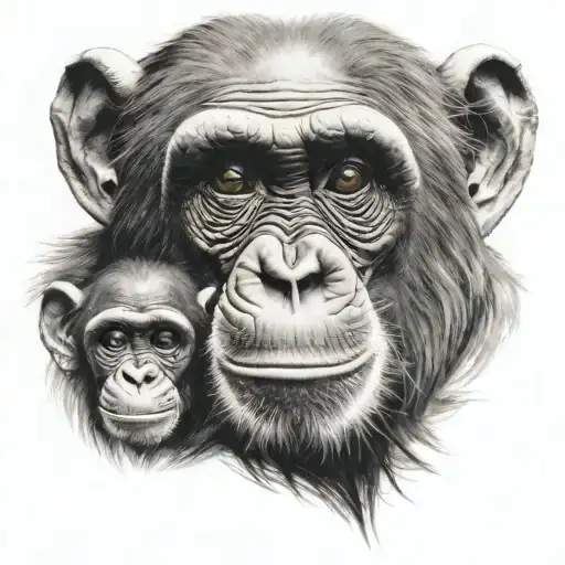 Half Left Side Of Adult Chimpanzee Face With Four Right Side Of Baby Chimpanzee