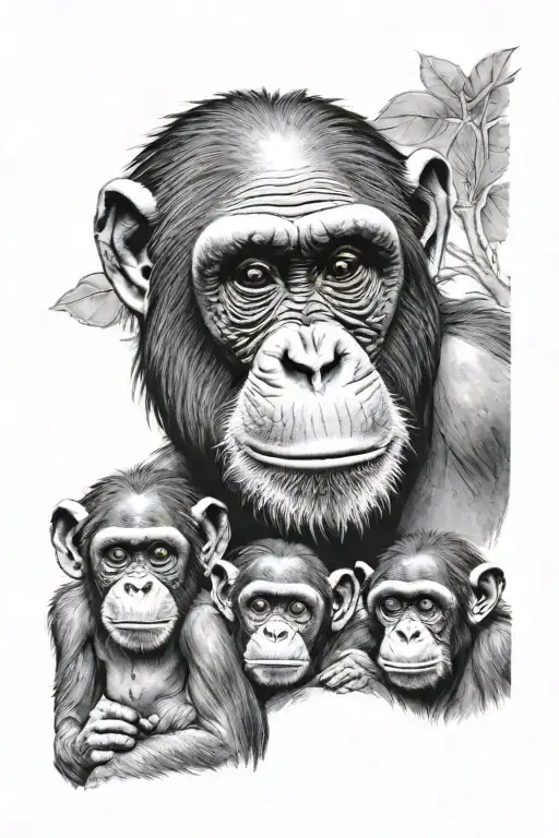 Adult Chimpanzee Face With Four Baby Chimpanzee Sideways Looking
