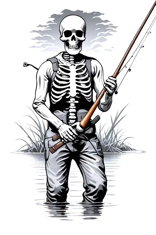 Skeleton In Waders Fly Fishing Rod